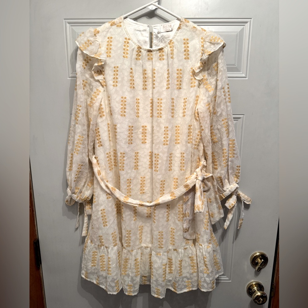 Fate Dress NWT Womens Ruffle mid Sleeves Waist Tie Boho size Med Yellow ivory